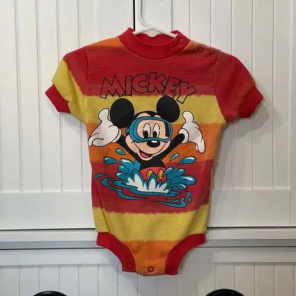 VTG 80s Disney Mickey Mouse Snorkeling Stripe Romper - Picture 1 of 6